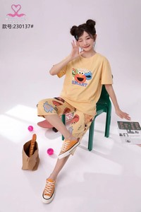 包邮亿赢世家夏季女韩版卡通芝麻街可爱甜美半袖七分裤家居服睡衣