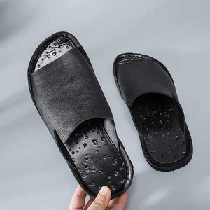 小众原创设计手工全牛皮复古真皮拖鞋男潮流室外穿一字半拖鞋女潮
