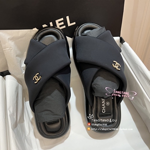 chanel香奈儿 22s 黑色十字交叉面包 宽带厚底 拖鞋凉拖 凉鞋