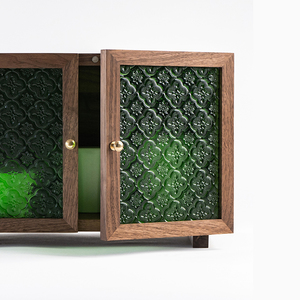 黑胡桃木小柜子复古风绿色压花玻璃门双开门燕尾榫榫卯结构储物柜