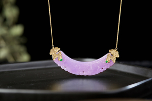 琳琅古韵 守护 天然糯种粉紫满色玉璜镶嵌钻石18k金项链锁骨链