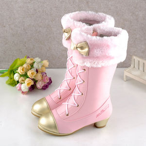 秋冬季粉色女童靴子新款儿童高筒长靴白色小女孩公主高跟靴子棉鞋