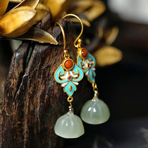 和田玉古风耳环玉石汉服耳饰复古气质耳坠中式银饰宫廷民族风优雅