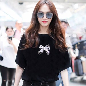明星唐嫣同款夏黑色短袖蝴蝶结t恤女体恤修身亮片上衣丅重工刺绣