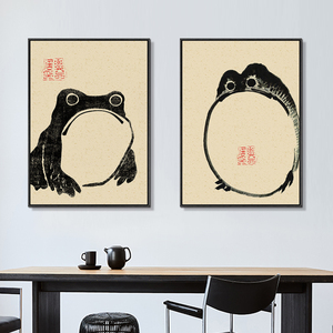 日式可爱蟾蜍装饰画抽象水墨动物日本青蛙油画布挂画客厅店铺壁画