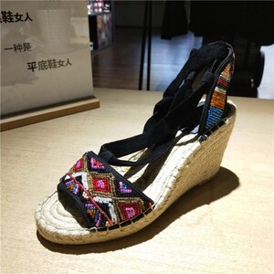 全新专柜正品ash/艾熙 女士 头层牛皮 麻底坡跟凉鞋
