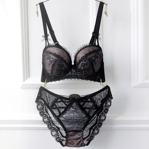 花漾蔷薇性感绑带诱惑蕾丝深v大码薄款内衣套装聚拢文胸三角裤女