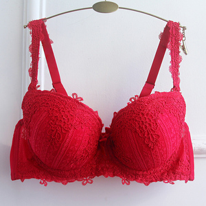 深v型薄款海绵刺绣聚拢红色本命年性感大胸大码胖mm女性内衣文胸