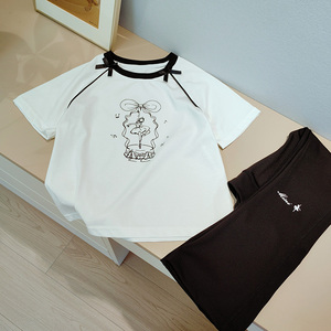 小太平童装 时尚设计感 110-160 女童夏蝴蝶结短袖T恤+速干喇叭裤