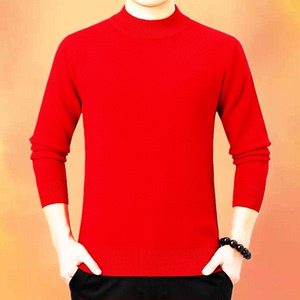 春季新款纯山羊绒衫男半高圆领大红色中国红中年父亲休闲加厚特价