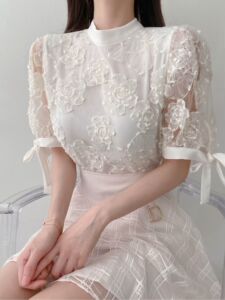 2件包邮~ sugar 韩国东大门代购22年春季新款纯色蕾丝立领短袖衬