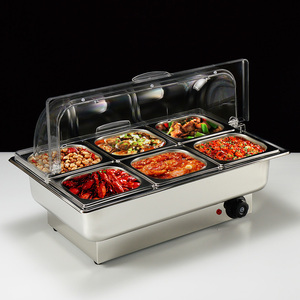 保温展示盘不锈钢六格电加热餐炉自助餐商用布菲炉食堂防尘透明盖