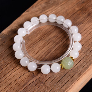 和田玉手串情侣白玉圆珠手链天然玉石典雅轻奢鸭蛋青莲花顶珠送礼