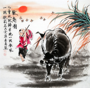 名家手绘真迹四尺斗方招财牧牛图牧童吹笛童子书房儿童房装饰挂画