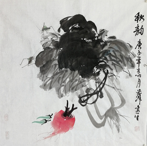蝈蝈白菜红萝卜小辣椒 国画花鸟 名家原稿纯手绘69x69厘米未装裱