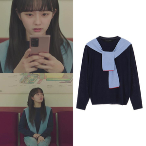 30韩国代购模仿郑知晓深蓝色针织衫