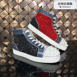 2018新款欧美clνj高帮红钻男鞋情侣款铆钉红底鞋休闲水钻板鞋女