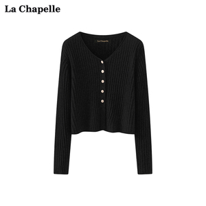拉夏贝尔LaChapelle长袖针织开衫女V领坑条纯色修身短款上衣春季