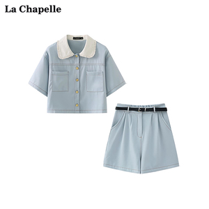 拉夏贝尔/La Chapelle学院减龄撞色花边翻领明线短袖衬衫短裤女夏