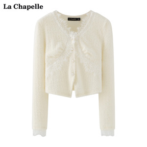 拉夏贝尔/LaChapelle仿水貂毛V领蕾丝针织开衫女韩版修身短款外套