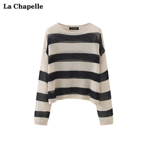 拉夏贝尔/La Chapelle圆领条纹长袖T恤女薄款透气针织上衣打底衫