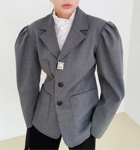 衣衣荟 高端定制 秋冬新ol通勤羊毛翻领复古收腰泡泡袖西装 灰色