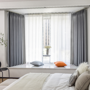 弧形拐弯飘窗遮光窗帘u型l转角轨道挂钩式内开窗窗户短帘内倒隐形