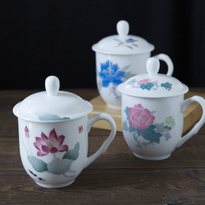 中式醴陵釉下五彩陶瓷杯大容量650毫升办公礼品会议茶水杯子带盖