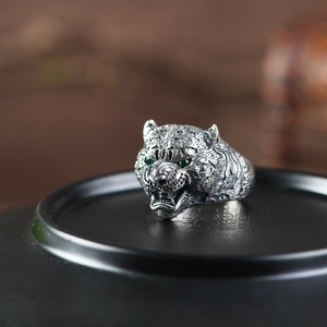 霸气纯银老虎戒指复古做旧银饰饰品925银虎戒生肖虎指环男士开口