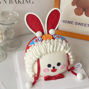醒狮兔子兔头帽 国潮风周岁蛋糕装饰 摆件满月啦台配件舞狮中式