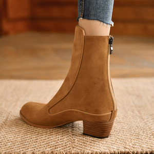 秋款小个子显高磨砂靴子女短靴圆头中跟显瘦短筒棕色及踝靴后拉链