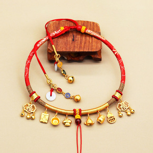 宝宝金锁编绳婴儿项圈挂绳定做名族风特色手工编织项链长命锁红绳