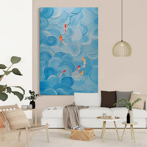玄关抽象锦鲤手绘油画客厅立体蓝色海浪肌理画丙烯九鱼图装饰挂画