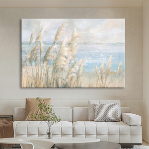 芦苇荡纯手绘油画客厅抽象海边风景挂画玄关无框横版大幅装饰壁画