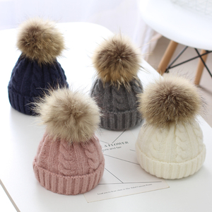 儿童帽子冬季新款加绒加厚貉子毛球帽男童女童麻花针织保暖毛线帽