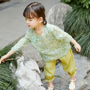 女童汉服套装改良儿童夏季宝宝9分袖二件套唐装小清新中国风童装