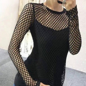 欧美夏新款网眼镂空长袖女t恤宽松大码渔网透气罩衫度假性感上衣