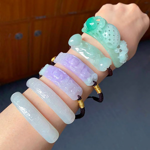 天然翡翠手牌冰种手链女莲花定制编绳紫色细手排手串手饰玉石弯条