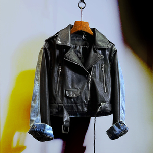 皮夹克女2021秋冬短款牛仔拼接皮衣机车新款宽松黑色短款外套女