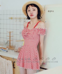日本本土OS连体比基尼泳衣红色格子复古连衣裙遮肉显瘦韩版甜美一