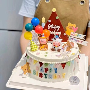 卡通牛宝宝蛋糕装饰摆件儿童周岁百天老虎猴鸡小熊兔子猪生日插件