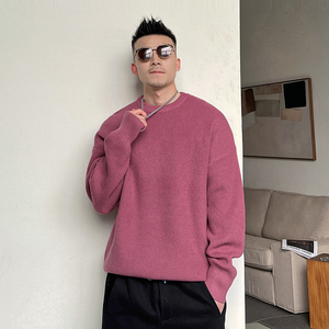 杠叔秋冬季男士粉色毛衣休闲针织衫圆领套头宽松韩版潮慵懒风潮牌