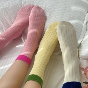 奶白色袜子女中筒袜ins潮外穿奶黄夏季薄款纯棉拼色日系可爱女生
