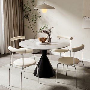 简约现代圆餐桌家用小户型黑色网红岩板小圆桌法式奶油风圆形餐桌