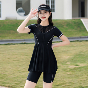 裙式泳衣两件套五分平角裤黑色大码显瘦保守运动休闲温泉学生泳装