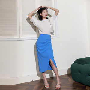 宋一慧西双版纳高腰褶皱包臀裙女夏季新款蓝色一步开叉半身裙长裙