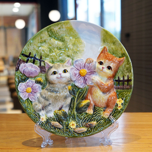 方亚陶瓷8寸立体装饰摆盘挂盘小猫咪墙面装饰瓷盘电视柜玄关摆件