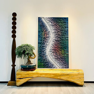 实木木头长条木条3d立体极简艺术s型沙发背景墙面彩色挂画装饰画