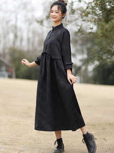 新款新中式复古长裙黑色天丝连衣裙国风轻奢大牌立领民族风大码裙