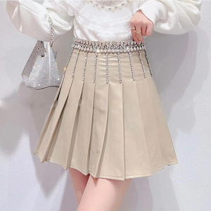 百褶裙女冬季新款韩版甜美重工水钻高腰显瘦pu皮半身裙短裙裤裙潮